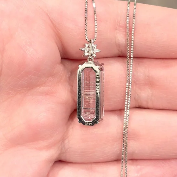 18K Rutilated Rose Quartz Diamond Necklace, White Gold, Floral, Pink Gem, Luxury
